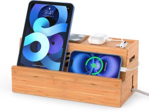 Bamboo Cable Management Box — Under-Desk Cord Organizer